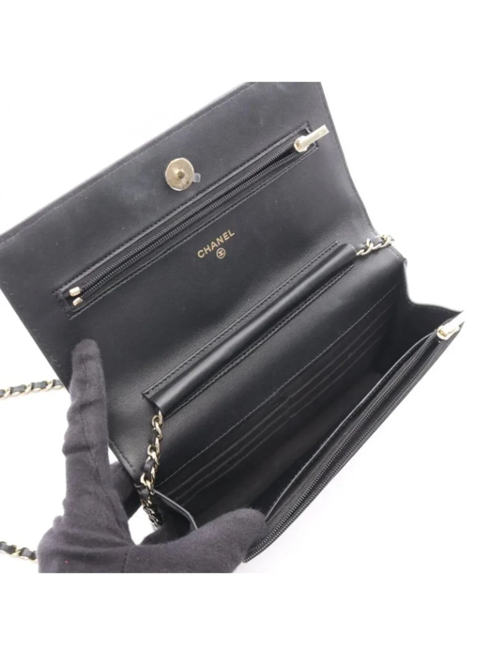 Chanel Shoulder Bag Quilted Icon Charm Black Lambskin Chain Wallet